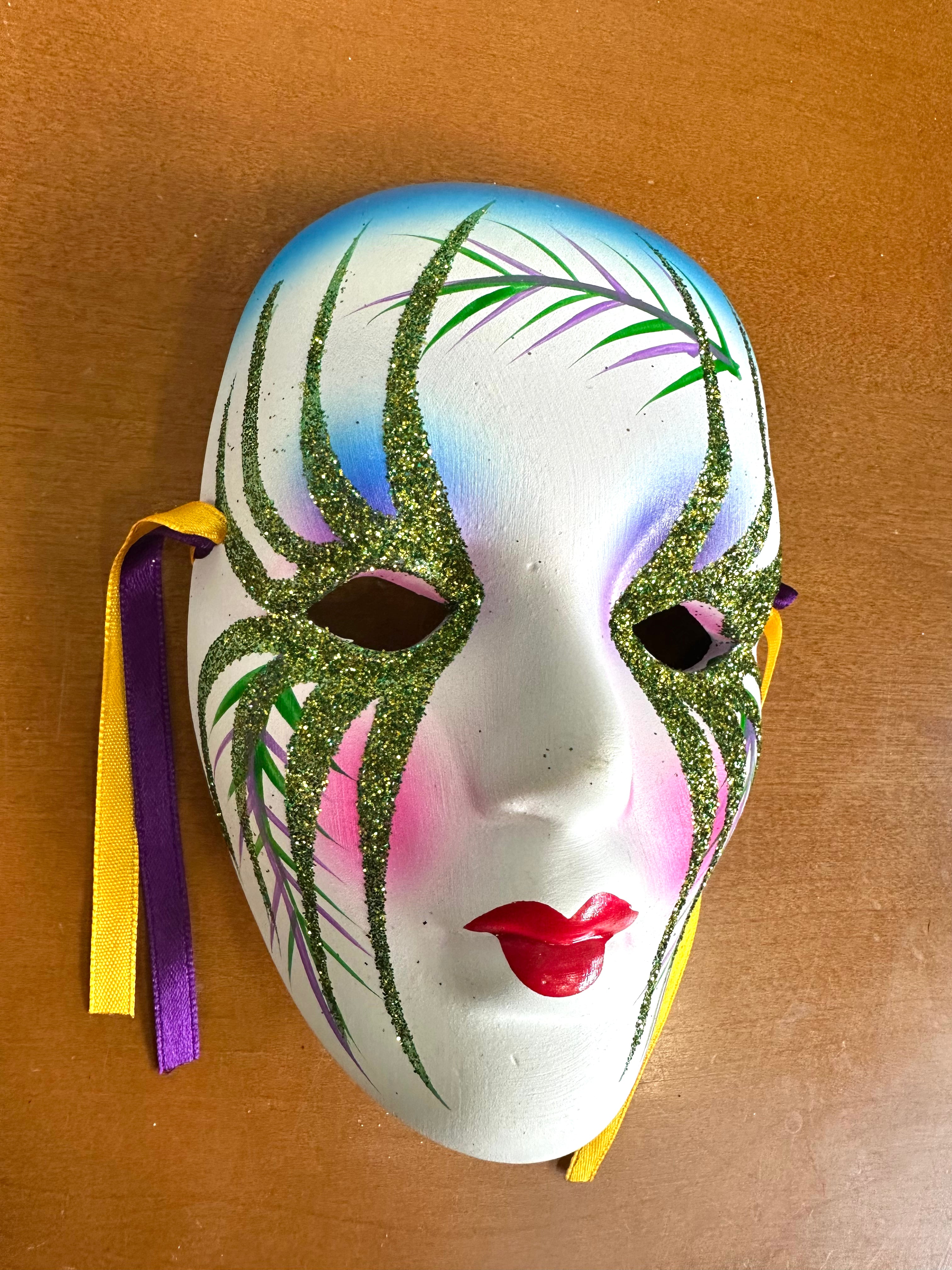Mardi Gras Ceramic Face Mask Wall Hanging Hand Painted Glitter Flowers