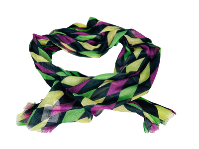 Mardi Gras scarf with purple, green and gold diamonds on black background