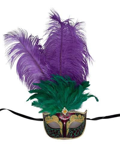 Black and gold masquerade mask with tall purple and green feathers.
