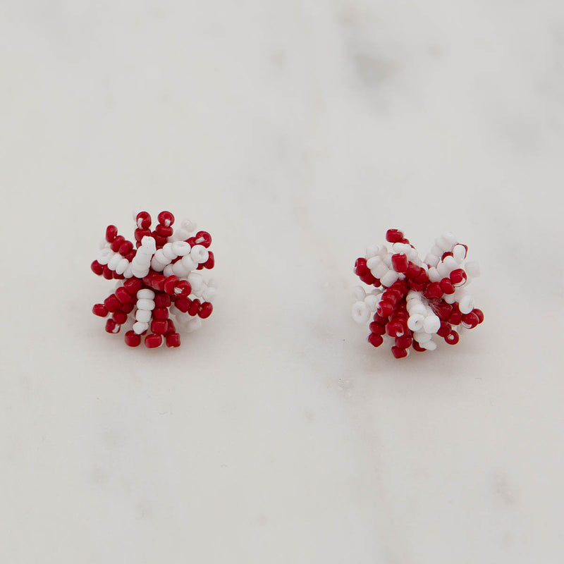 Pom Pom Stud Earrings Red/White