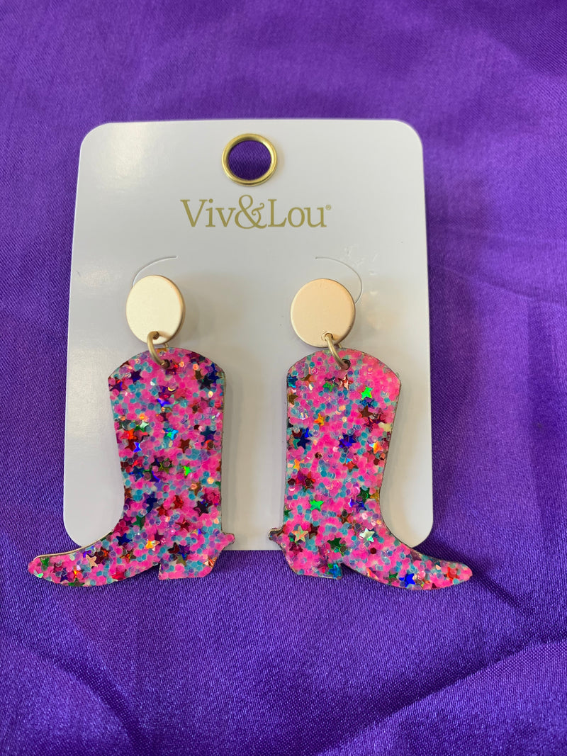 Pink Glitter Boots Earrings