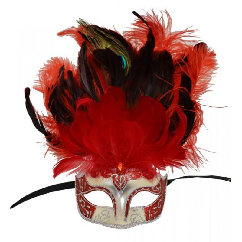 Red Tall Feather Mask