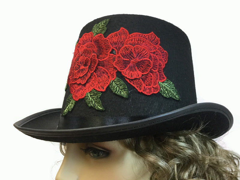 Black Top Hat with Rose Embroidery