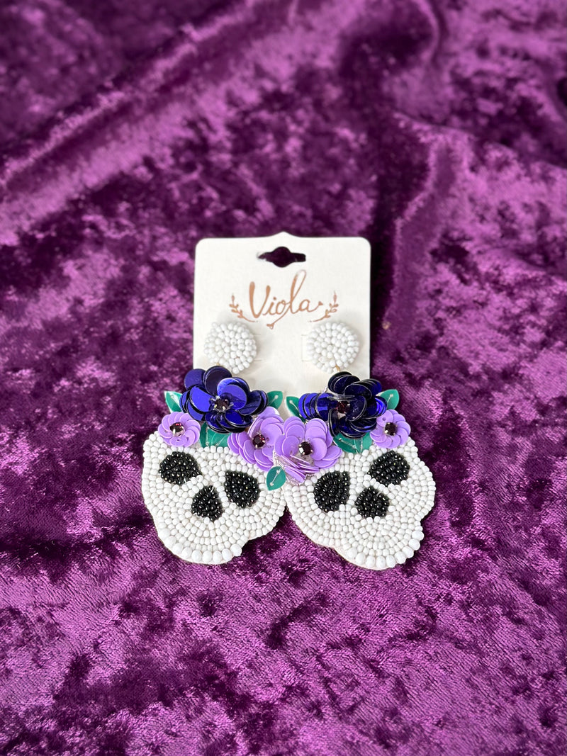 Violet Flower Skull Earrings