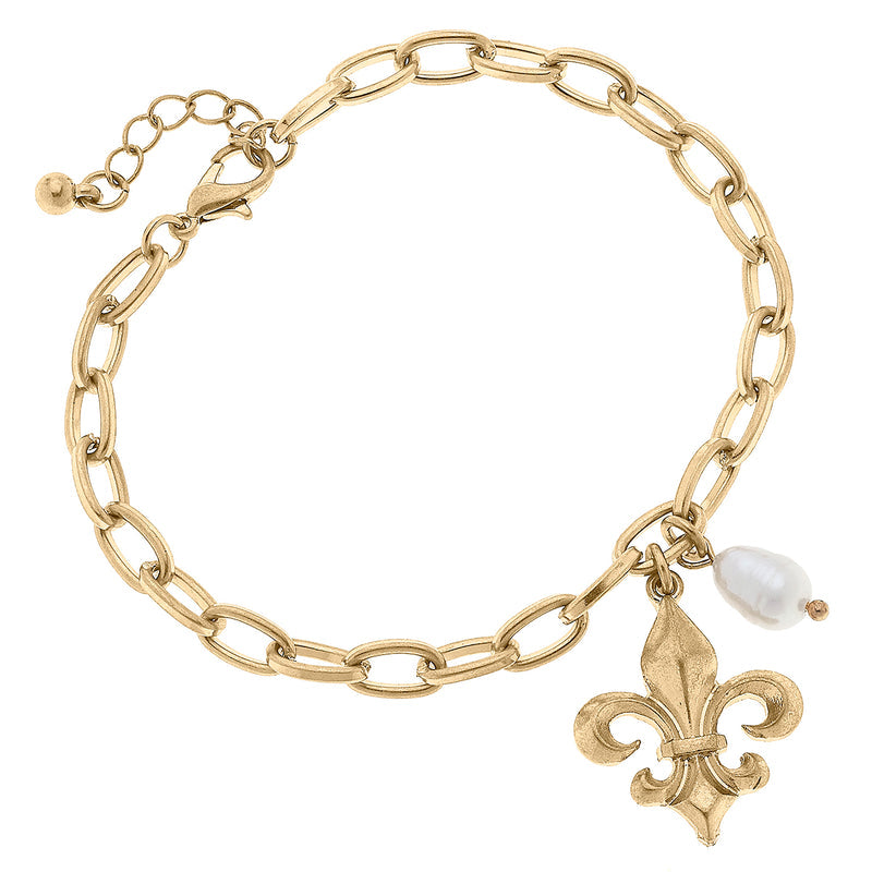 Robin Bourbon Fleur de Lis & Pearl Charm Chain Bracelet