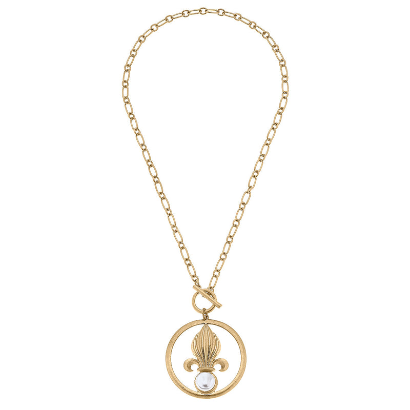 Acadia Fleur de Lis & Pearl Pendant T-Bar Necklace