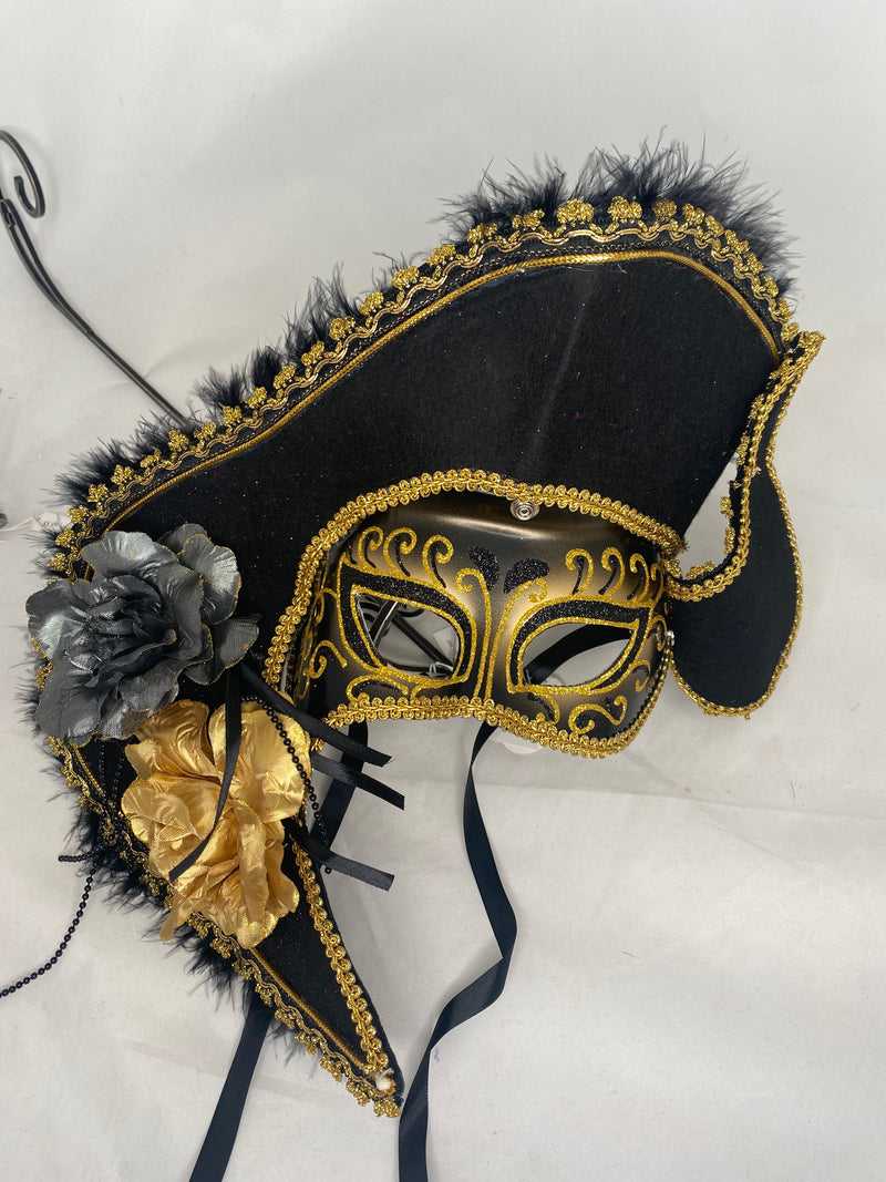 Black/Gold Lady Pirate Mask w Floral Detail
