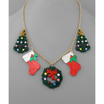 Christmas charms necklace. Gold chain, Green Christmas trees and wreath, red and white stockings