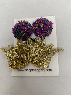 Crown Glitter Acrylic Earrings with Seed Bead Top