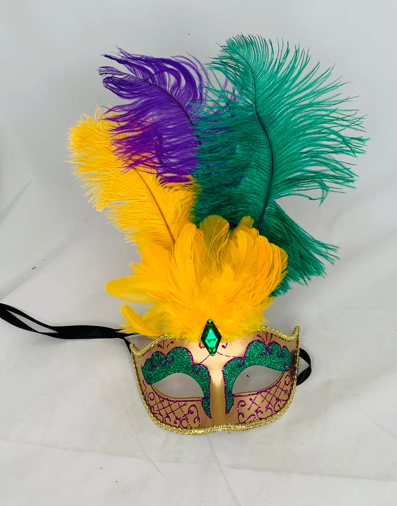 Gold Venetian Mask with Green and Purple Glitter and PGG Feathers
