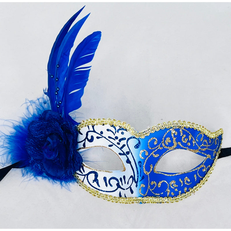 Blue and white mask, gold trim, blue feather
