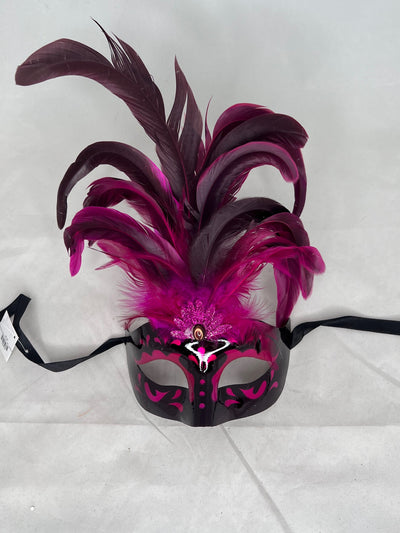 Women's mask with pendant and feathers in center. Glossy finish. Variant colors