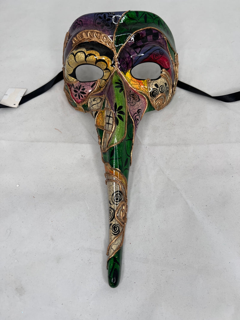Long-nose mask in greens, purples and reds, with gold accent