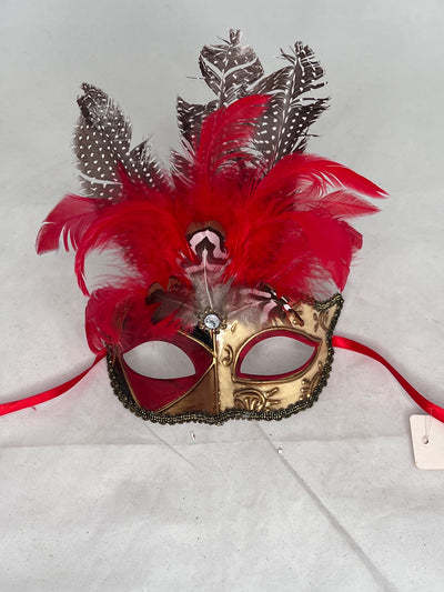 women's gold and red mask with red or blue feathers