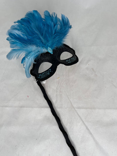 Stick mask in blue/black or gold/black with top feathers
