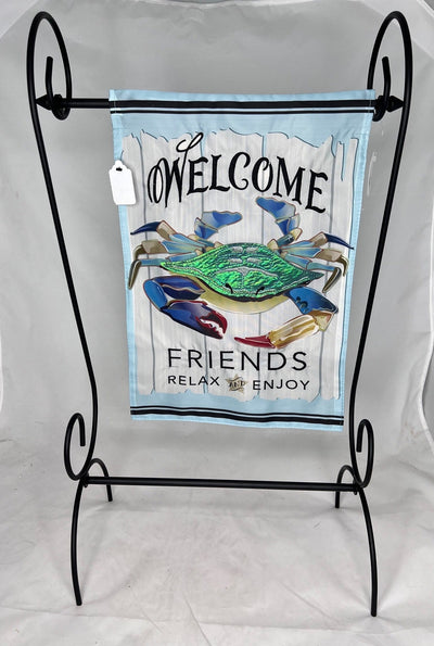 Welcome Friends garden flag; blue crab on blue and white background