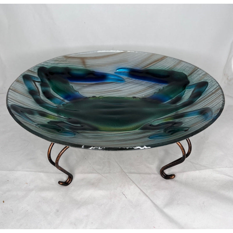 Hand Painted Embossed Glass Bird Bath, Blue Crab