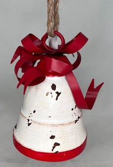White metal bell with red metal ribbon and burlap rope. 