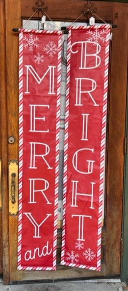 5-ft side-by-side Merry and Bright red banners with white lettering and snowflakes. Indoor or outdoor. 