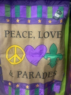 Peace, Love, Parades, Burlap  Flag