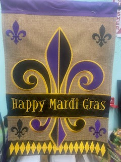 Purple/Black Fleur Happy Mardi Gras Burlap Garden Flag