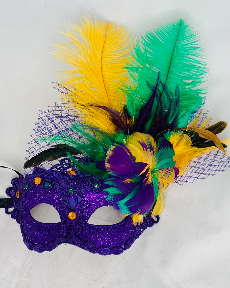 Purple Mardi Gras Mask with Lace, Gems, and side PGG feathers