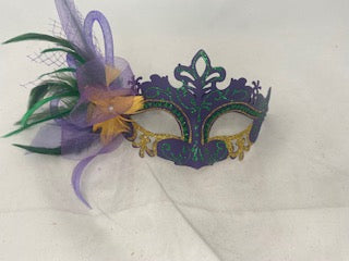 Purple Venetian Mask with side bow and feather and lace