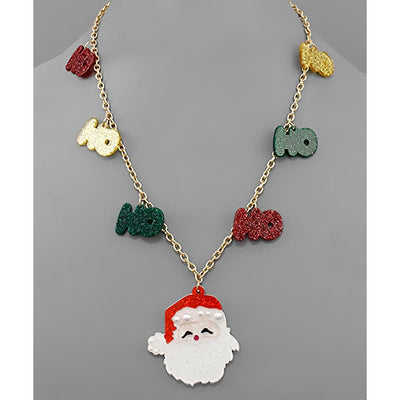 Santa Claus necklace on gold chain with acrylic Ho Ho Ho in red, white, green and gold.