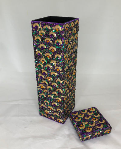 Jeweled wine bottle case with lid in Mardi Gras colors