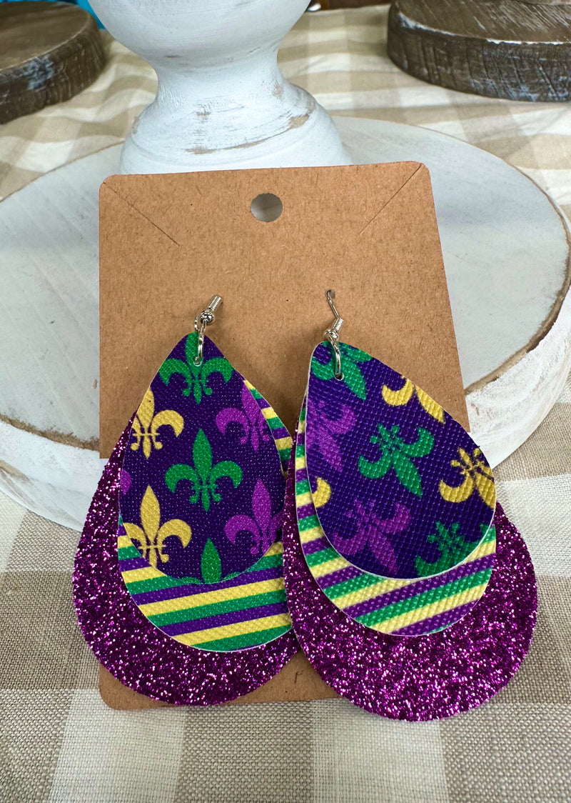 Fleur de Lis/Stripes/Glitter Mardi Gras Earrings (Purple)