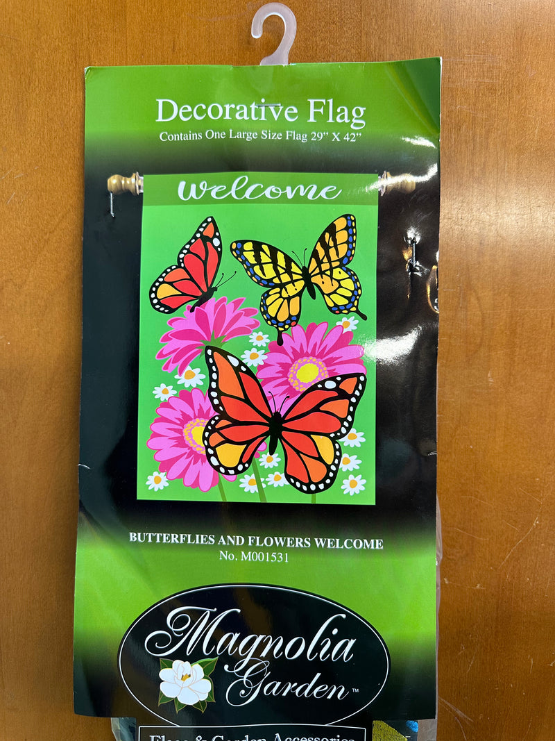 Butterflies & Flowers Welcome Flag (Green) 29" x 42"