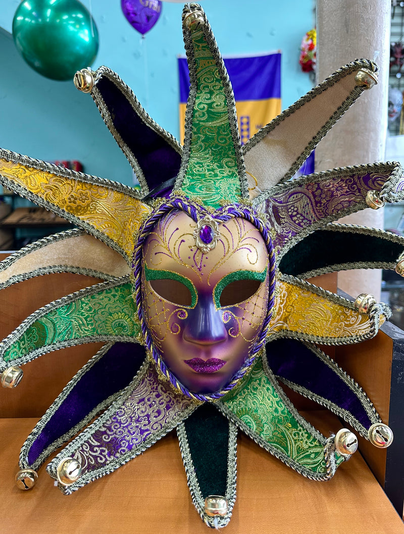 Glittered Jester Head Piece Purple/Gold Face Mask