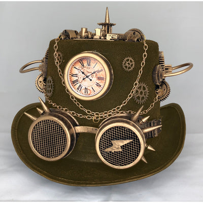 Brown steampunk hat with clock, goggles, spikes and chains