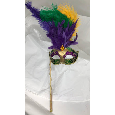 Mardi Gras Stick Mask with Top Feathers