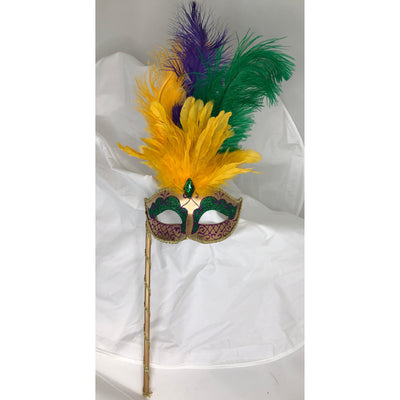 Mardi Gras Stick Mask with Top Feathers