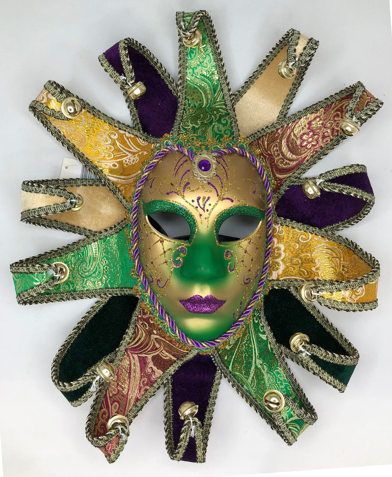 Glittered Jester Head Piece Green/Gold Face Mask