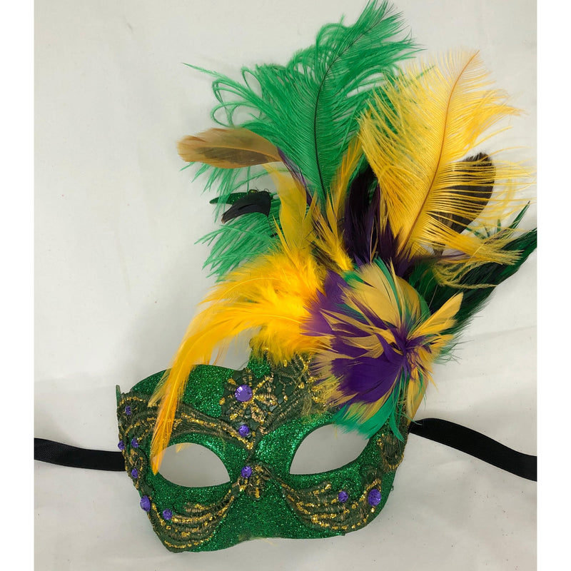 Green Glitter Mask with Gold Lace and PGG Feathers