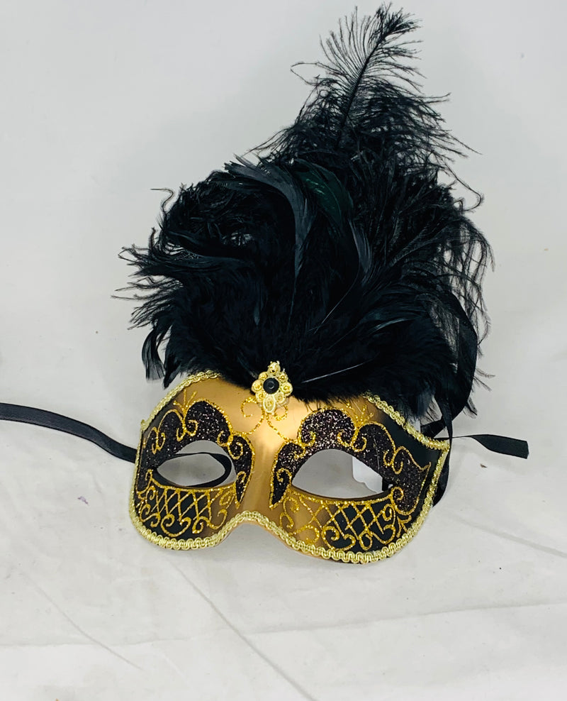 Black/gold/feathered mask