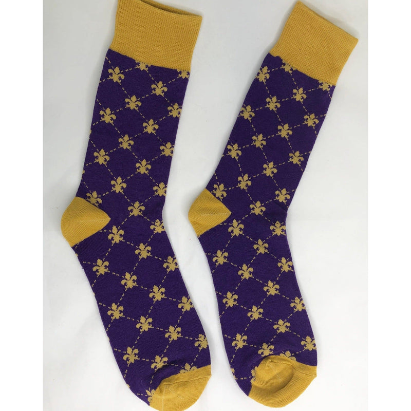 Mens purple and gold socks with fleur de lis