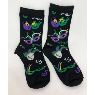 Womens black Mardi Gras socks with purple, gold, green and white masks and jesters