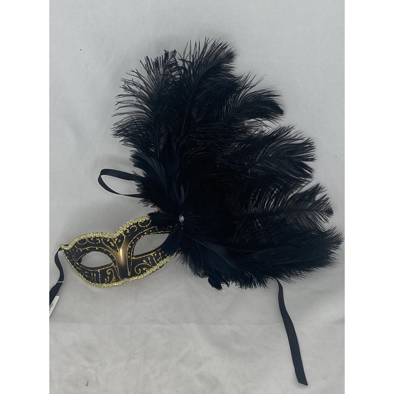 Gold/black mask black feather